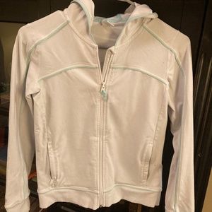 Athleta Girl hoodie jacket, white with aqua trim; zipper closure